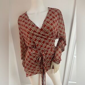 Cabi Ringleader Wrap Long Sleeve Signet Chain Print V-Neck Top XL